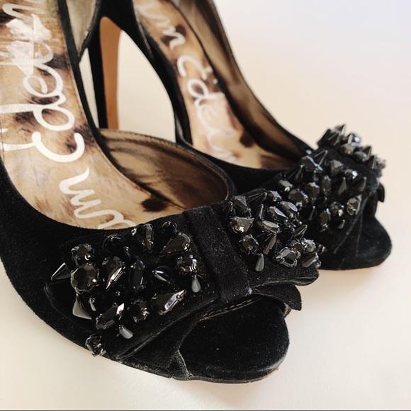 Sam Edelman Suede Peep Toe Heels with Studded Bow - Picture 6 of 7